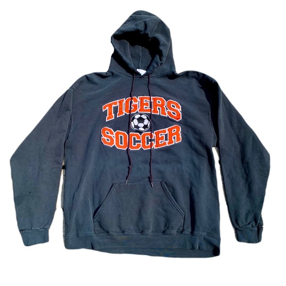 💛 Vintage 90s Lettermen Sports Tigers Soccer Black Hoodie Size Large Thrashed - Picture 1 of 10